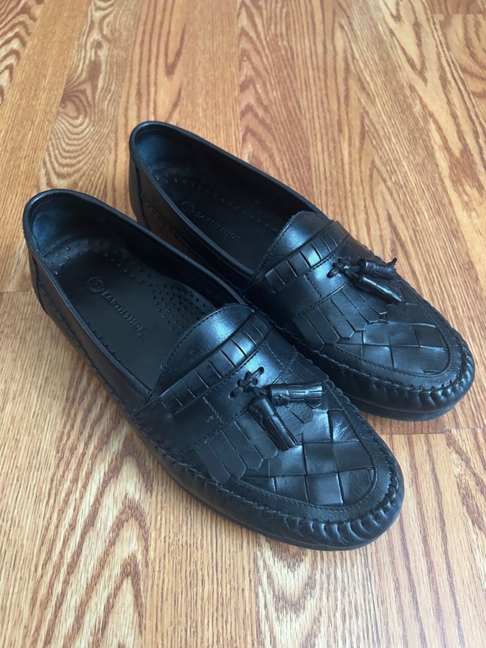 Earth Shoe Black Latego Woven Leather Tassel Loafers Rubber Bottom Men's Size 12